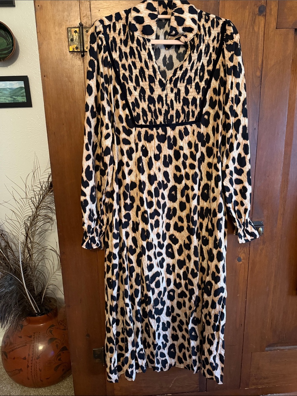 Leopard Print Long Sleeve Midi Dress - Black & Tan